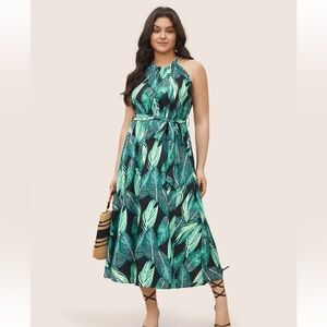 BloomChic Plus size Tropical Print Knotted Pocket Ruffles Belted Halter Dress